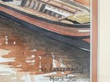 a picture of a painting of a boat on the water