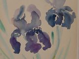 a painting of two purple irises in a vase