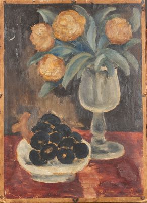 a painting of flowers in a vase on a table