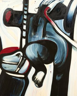 painting of a hockey player holding a hockey stick in his right hand
