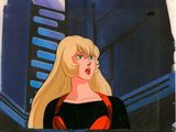 an image of a woman in a black dress standing in front of a building