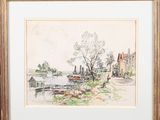 une image représentant une aquarelle d'un village au bord d'une rivière
