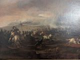 painting of a painting of a man on a horse in a field with other people