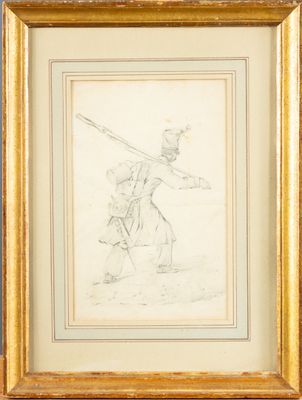 a drawing of a man with a sword in a gold frame