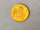 a close up of a gold coin with a coat of arms on it