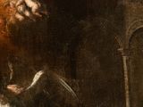 painting of an angel and a woman in a dark room