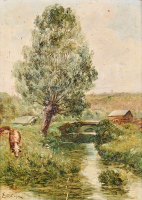 une image représentant un tableau où l'on voit des vaches paître au bord d'un ruisseau