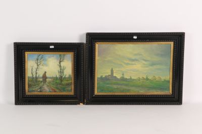 deux tableaux encadrés représentant un paysage avec une église au loin