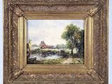an oil painting of a river scene with a house in the distance