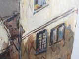 a painting of a building with a clock on the top of it