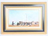 painting of a group of people sitting on a beach with umbrellas