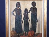 une photo d'un tableau représentant trois femmes, posé sur un chevalet