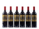 six bottles of red wine are lined up in a row