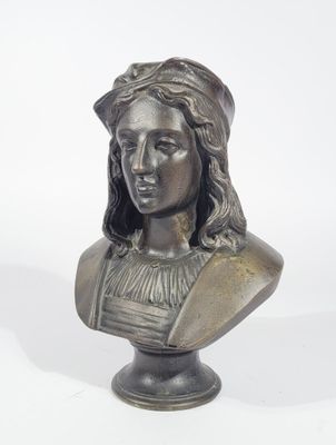 an antique bronze bust of a woman with long hair on a pedestal
