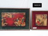 two framed paintings of a man riding a horse and a woman riding a horse