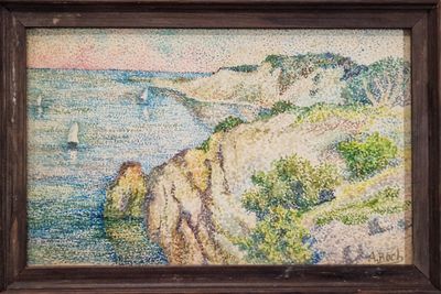 an image of a painting of a rocky coast with a boat in the water