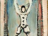 an image of a painting of a man holding a ball in the air