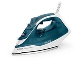 a blue and white steam iron sitting on top of a white surface