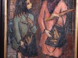 painting of a woman and a child talking to each other on a cobblestone street