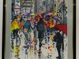 une peinture de personnes marchant sous la pluie avec des parapluies