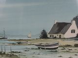 a painting of a boat in the water near a house