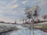 a painting of a river running through a green field