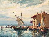 une peinture représentant des bateaux sur l'eau près d'un bâtiment