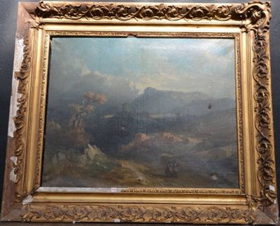 une peinture à l'huile représentant une scène de montagne avec une rivière au premier plan