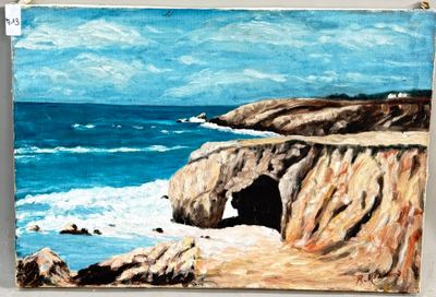 une peinture représentant une grotte au milieu de l'océan