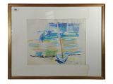 painting of a sailboat on the water with a sailboat in the background