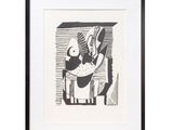 a black and white drawing of a cat sitting in front of a window