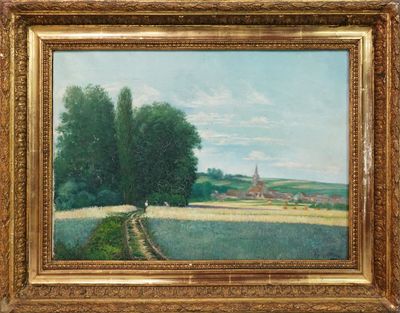 un tableau représentant un champ avec des arbres et une église au loin