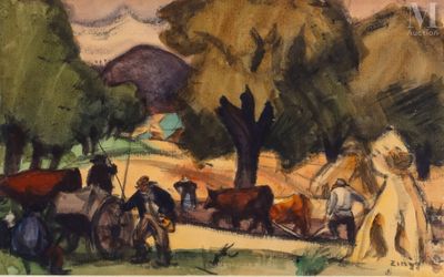 une image représentant un tableau où figurent un groupe de personnes et des chevaux