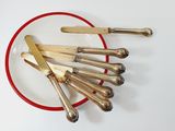 a lot of silverware on a red plate on a white table