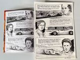an open book with a drawing of a race car and a drawing of a man