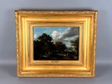 un tableau représentant un paysage avec une rivière et des arbres, dans un cadre doré