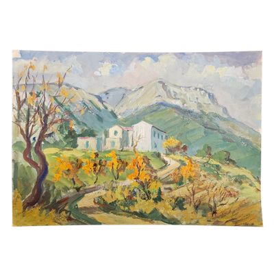 un tableau représentant une maison sur une colline, avec des arbres et des montagnes en arrière-plan