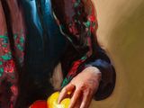 painting of a woman holding a plate of apples on a table