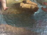 a painting of a baby sitting on a rock in the water