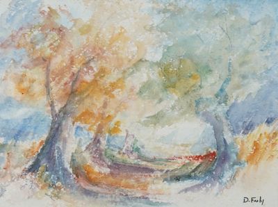 a watercolor painting of a tree in the middle of a field