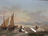 a painting of a man carrying a surfboard on the beach
