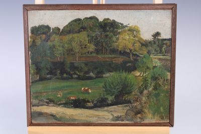 peinture sur chevalet représentant un paysage avec des vaches paissant dans un champ