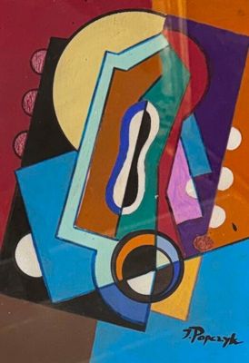 brightly colored abstract painting on a wall in a shop window
