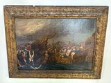 an image of a painting of a man on a boat with people on it
