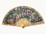 a fan with a painting on it on a white background