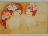 painting of two women with flowers in their hair in a white frame