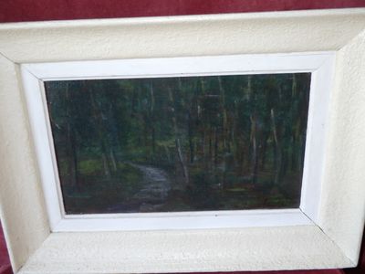 a picture of a painting of a forest scene in a white frame
