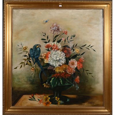 tableau représentant un vase avec des fleurs et un oiseau posé sur une table