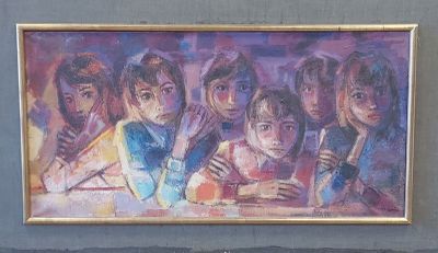 une peinture représentant un groupe de personnes assises à une table