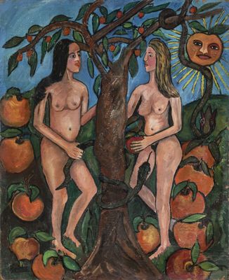 painting of two nudes in a tree with fruit and sun